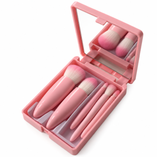 Kit 05 Mini Pincéis com Case e Espelho - Rosa - Moioh
