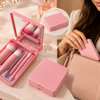 Kit 05 Mini Pincéis com Case e Espelho - Rosa - Moioh