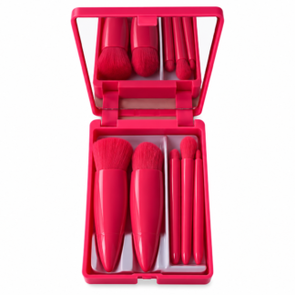 Kit 05 Mini Pincéis com Case e Espelho - Pink - Moioh