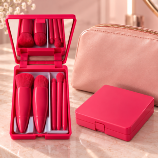 Kit 05 Mini Pincéis com Case e Espelho - Pink - Moioh